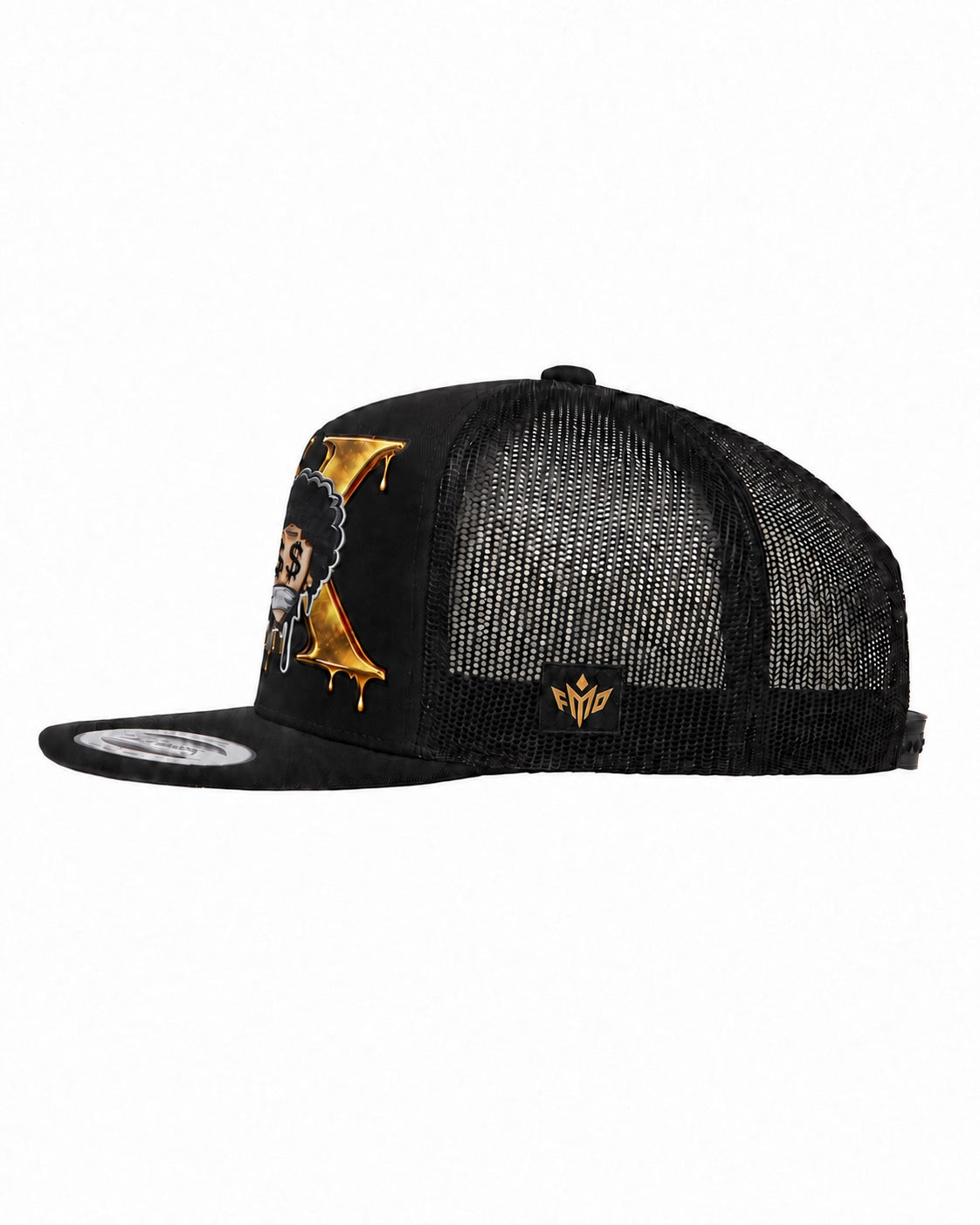 FMO X Anniversary Trucker Hat side view with custom woven FMO label