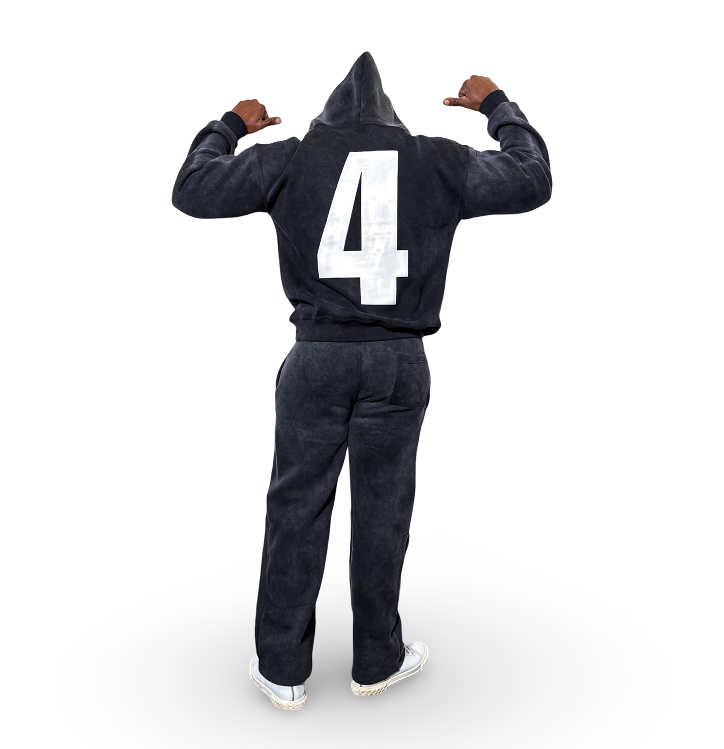 Back view of 4 Moguls Oversized Sweatsuit featuring large number 4 graphic on hoodie