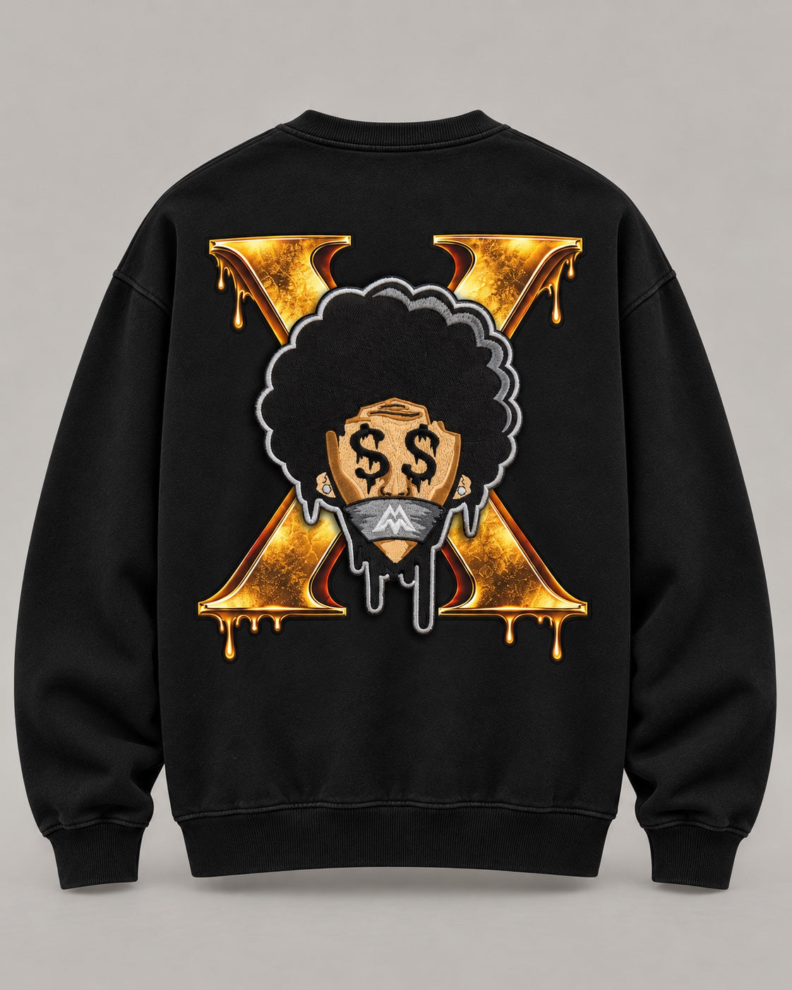 Back of black FMO 10-year anniversary crewneck with gold X and embroidered Dripman