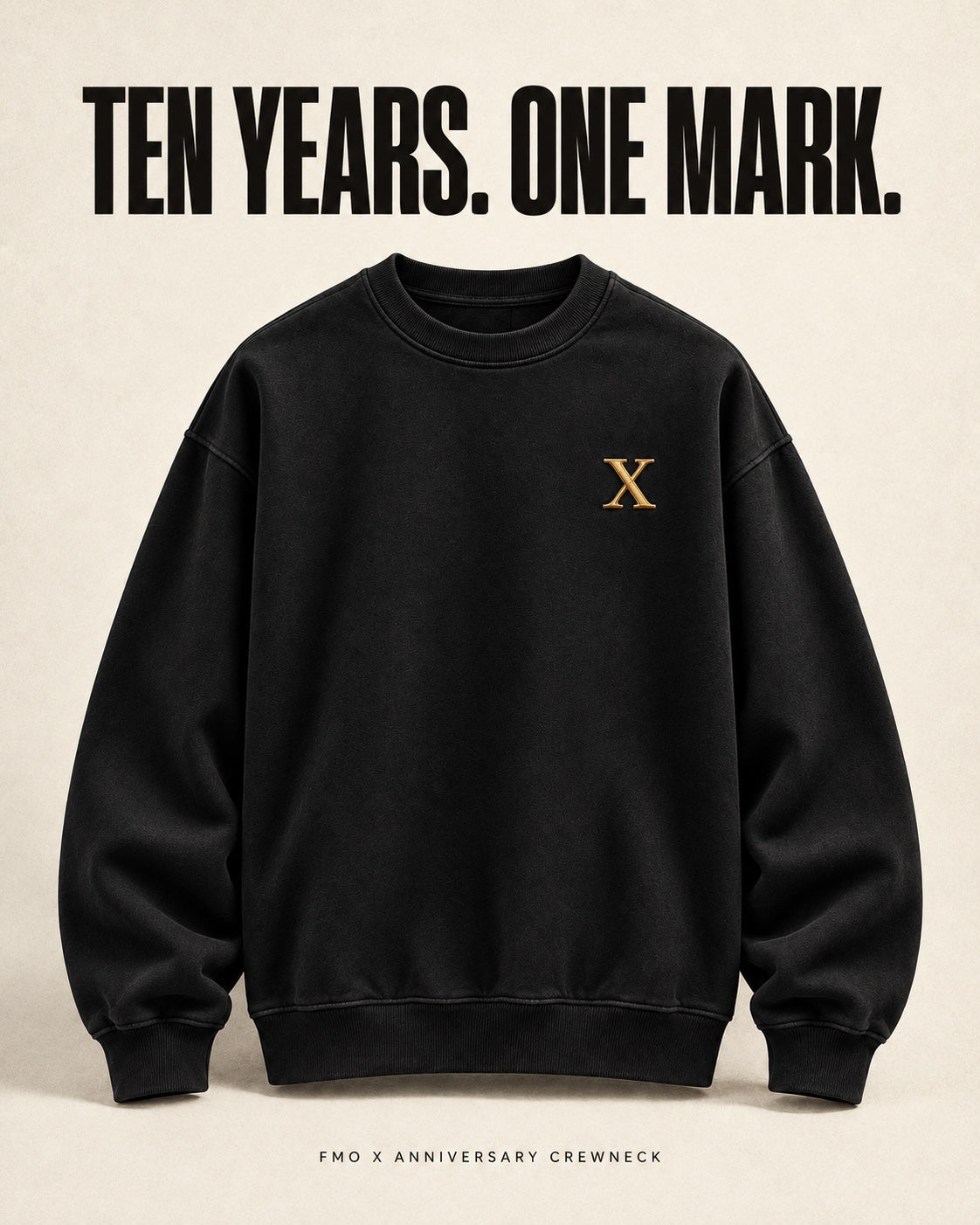 Front detail of the gold embroidered tenth anniversary X