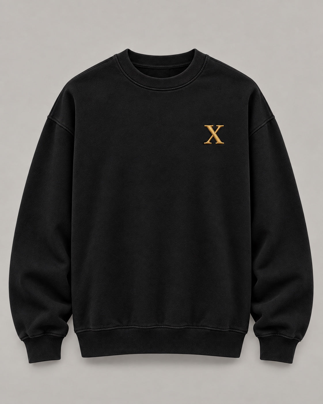 Front of black FMO 10-year anniversary crewneck with gold embroidered X