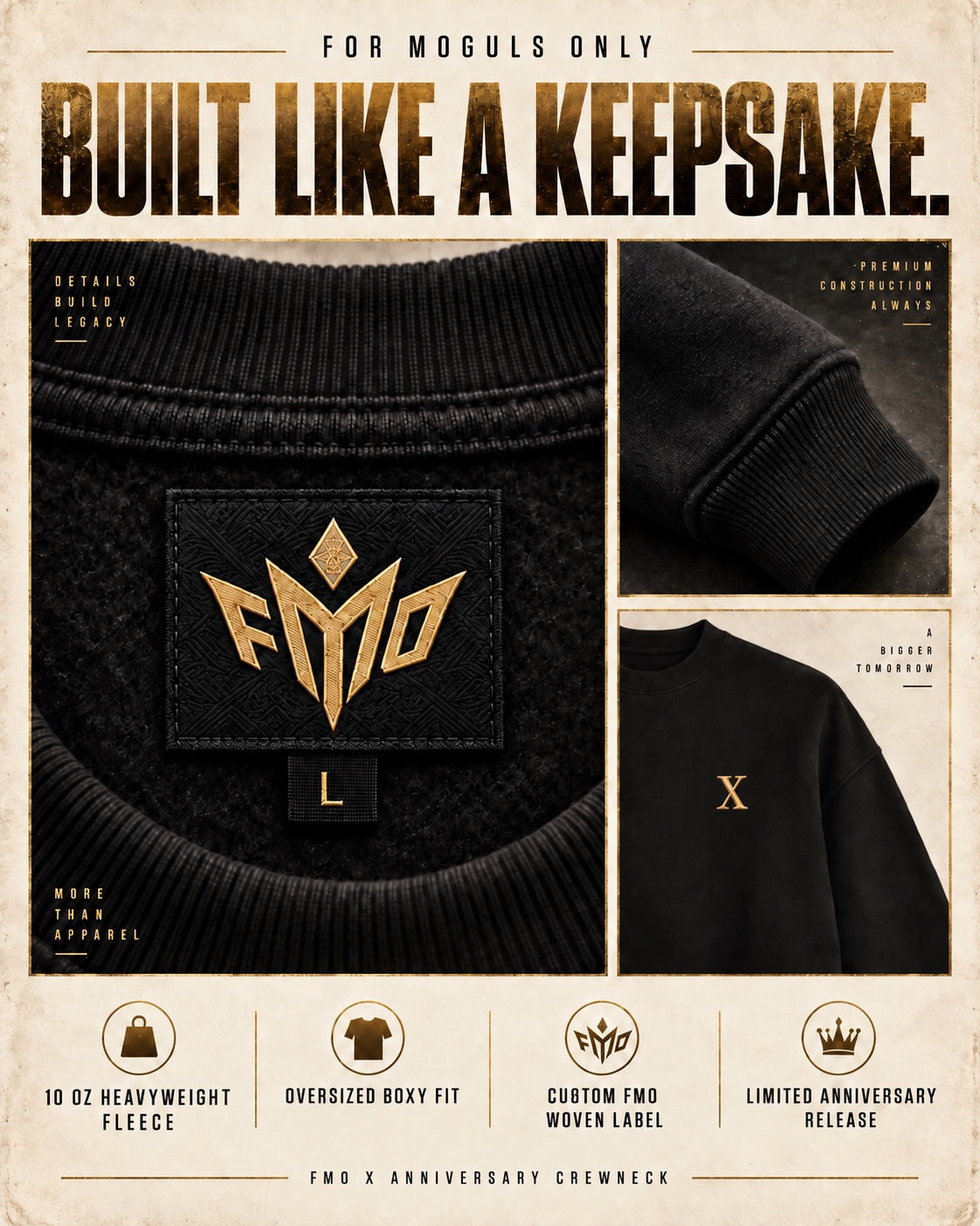 FMO anniversary crewneck heavyweight fleece construction and custom label details
