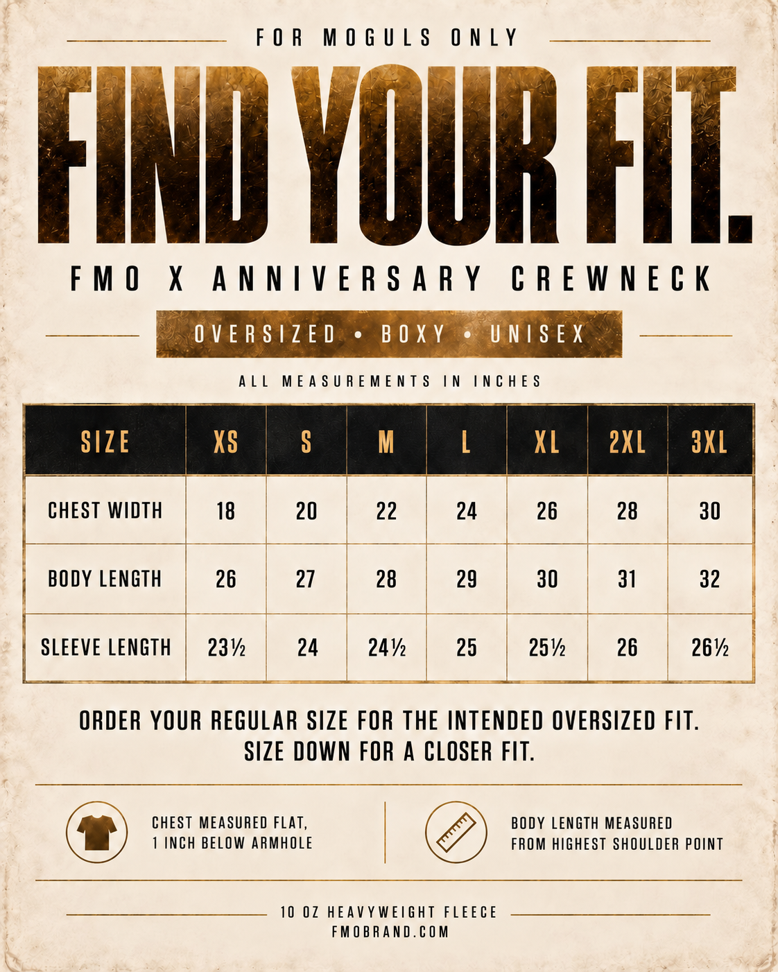 FMO X Anniversary Crewneck size and fit guide for XS through 3XL