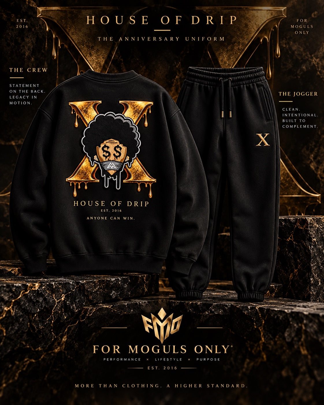 House of Drip Anniversary Uniform showing statement crewneck back artwork with matching black joggers.