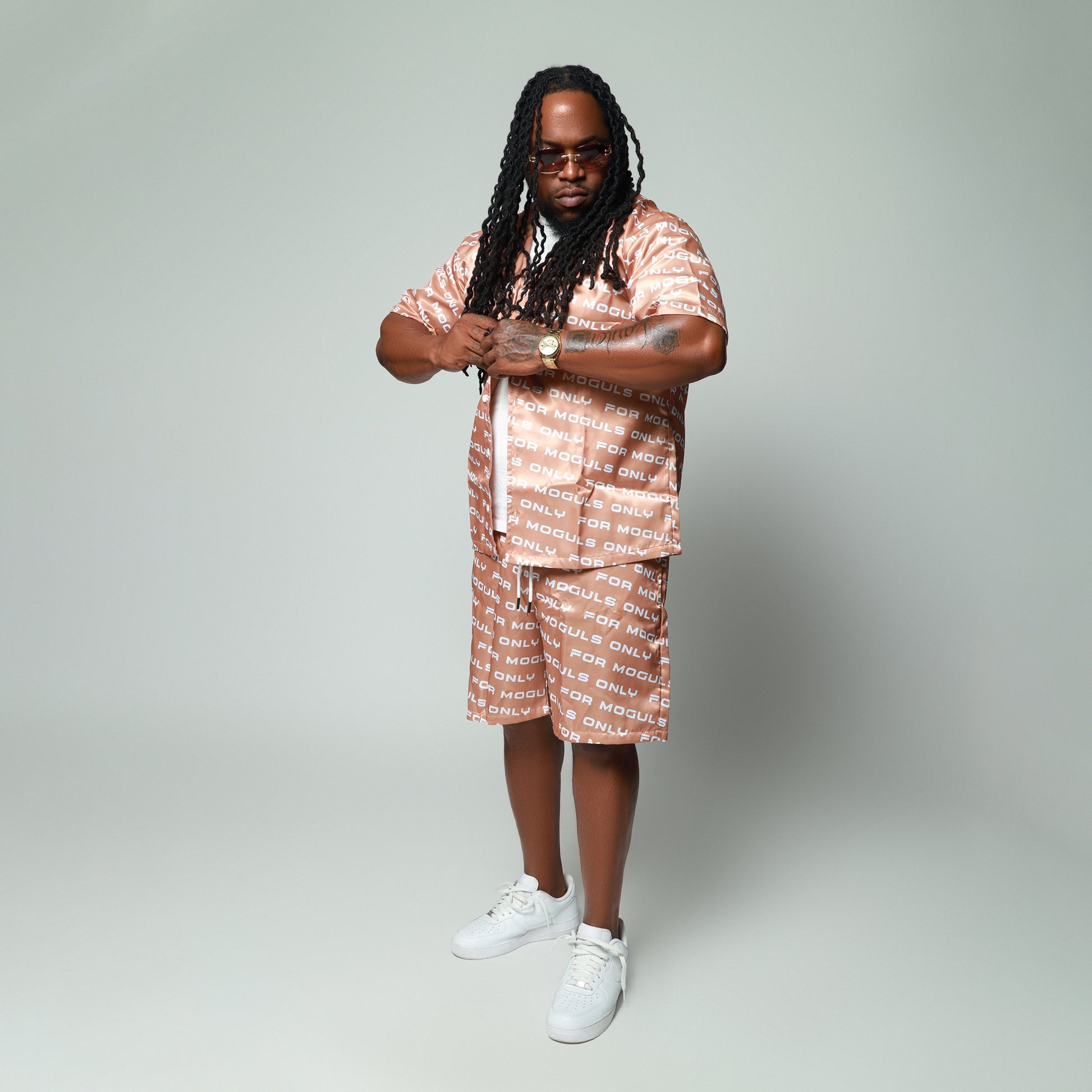 Luxury mocha men’s resort swim set with satin cover shirt and quick dry trunks