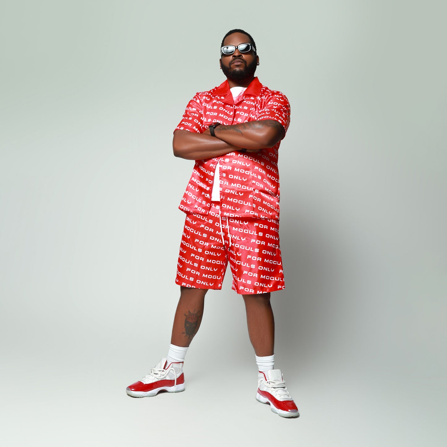 Red luxury men’s resort swim set with satin cover shirt and swim trunks