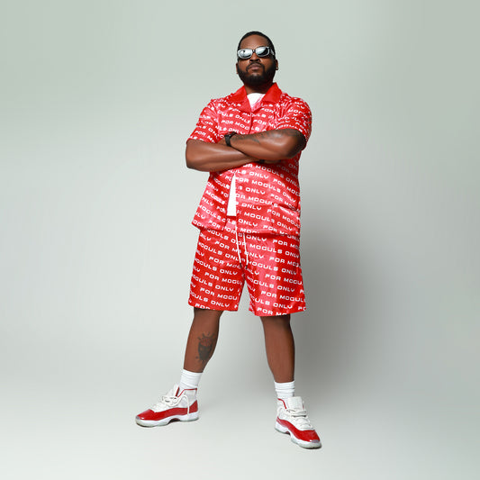 Red luxury men’s resort swim set with satin cover shirt and swim trunks