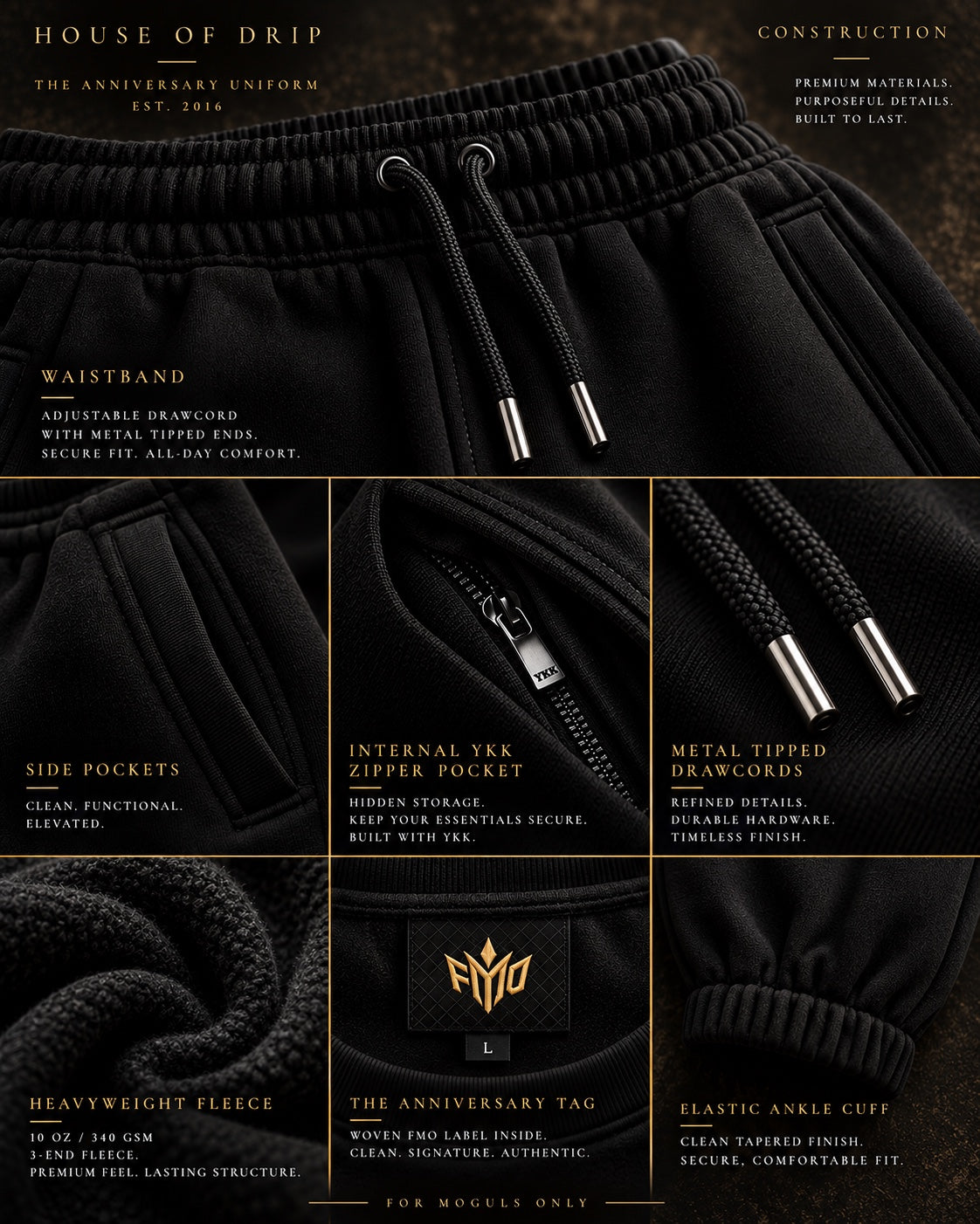 Construction details of the FMO X Anniversary Jogger including waistband, YKK storage, fleece, metal-tipped drawcords and ankle finish.