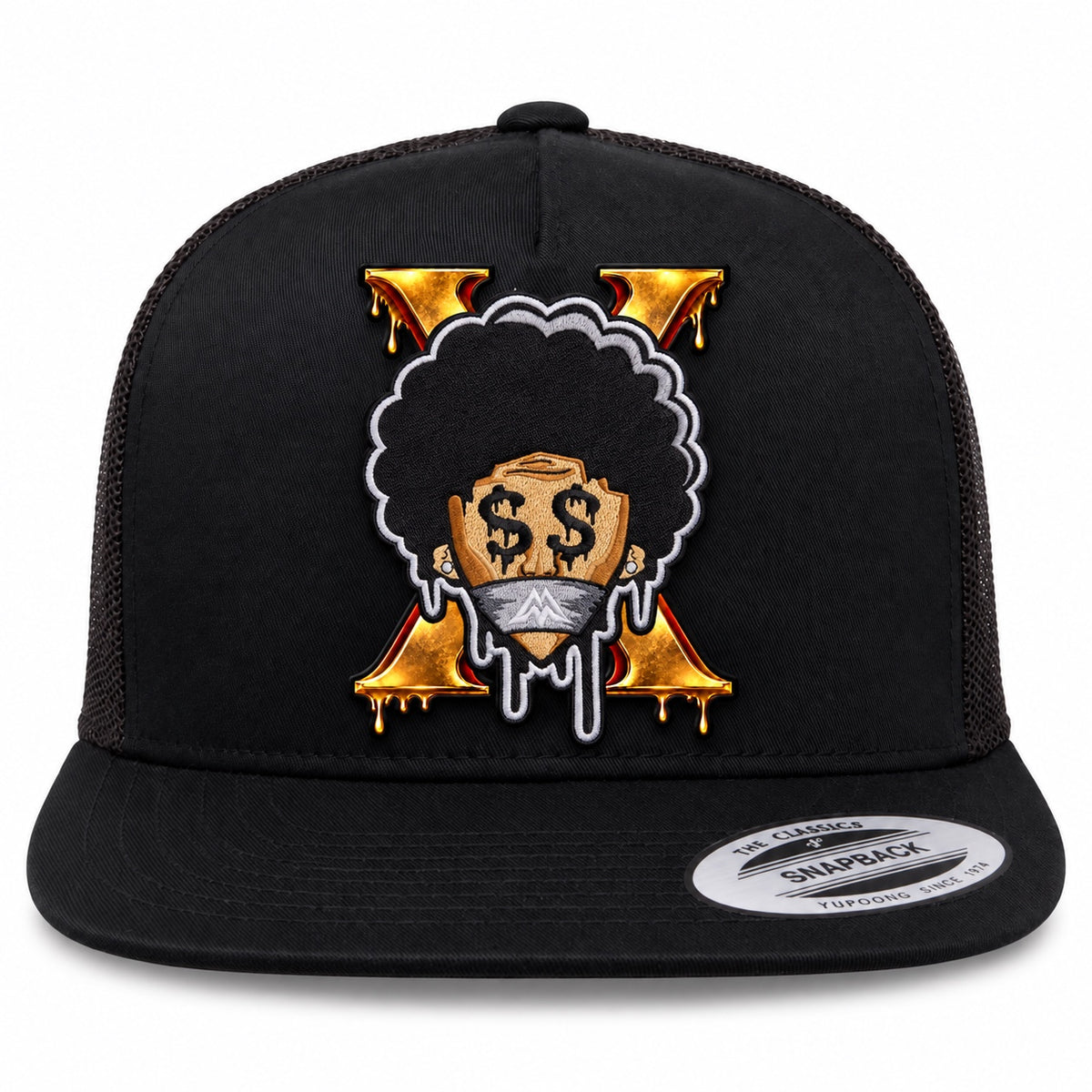 FMO X Anniversary Trucker Hat front view with gold X and embroidered Dripman patch