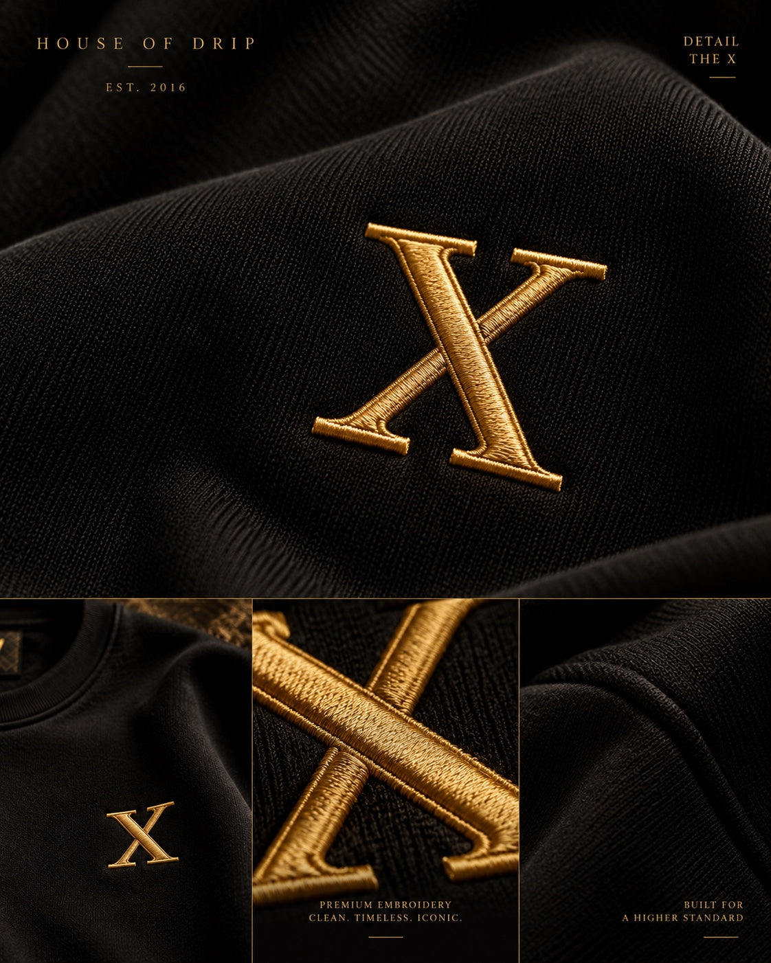 Close-up of the gold Anniversary X embroidery and black fleece texture.