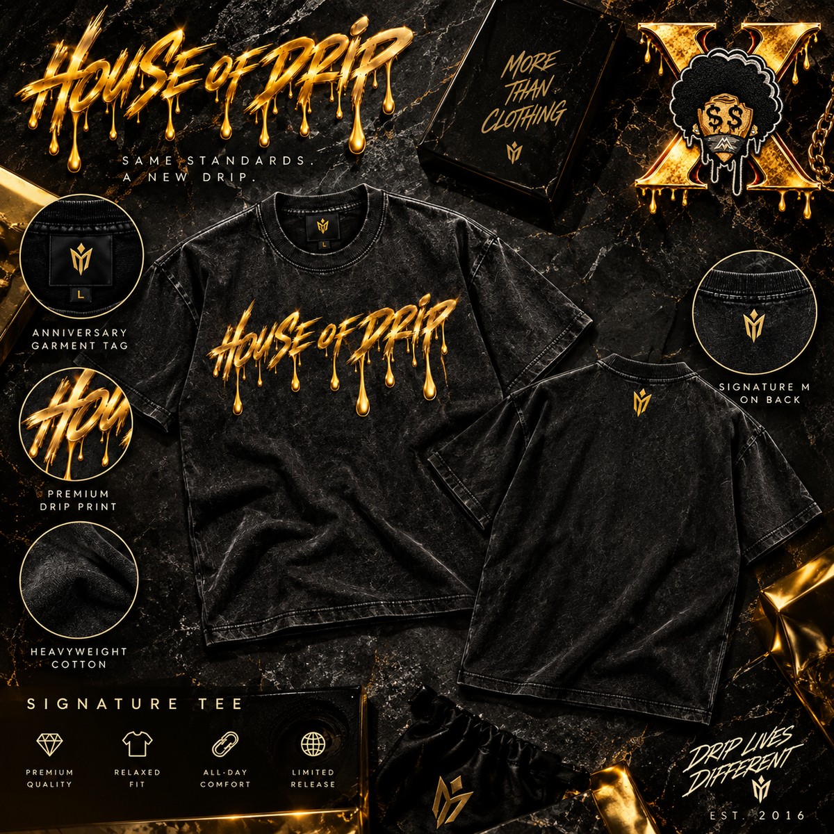 House of Drip Signature Tee flat lay details