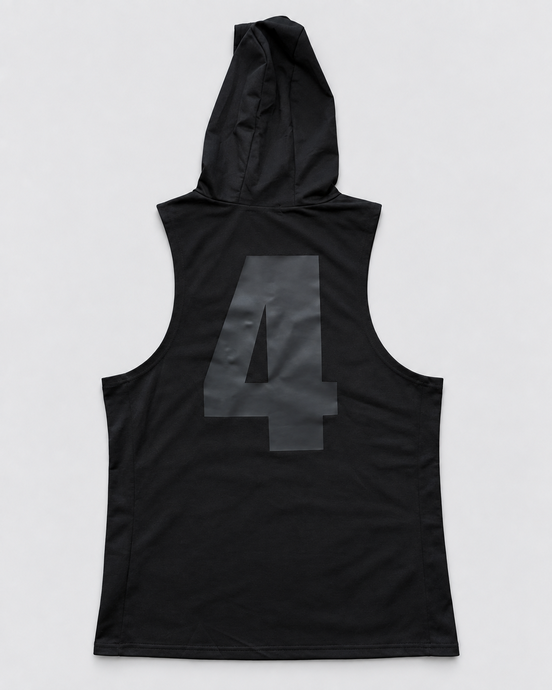 Quiet Hood™ sleeveless black performance hoodie, back view with oversized tonal number 4 graphic