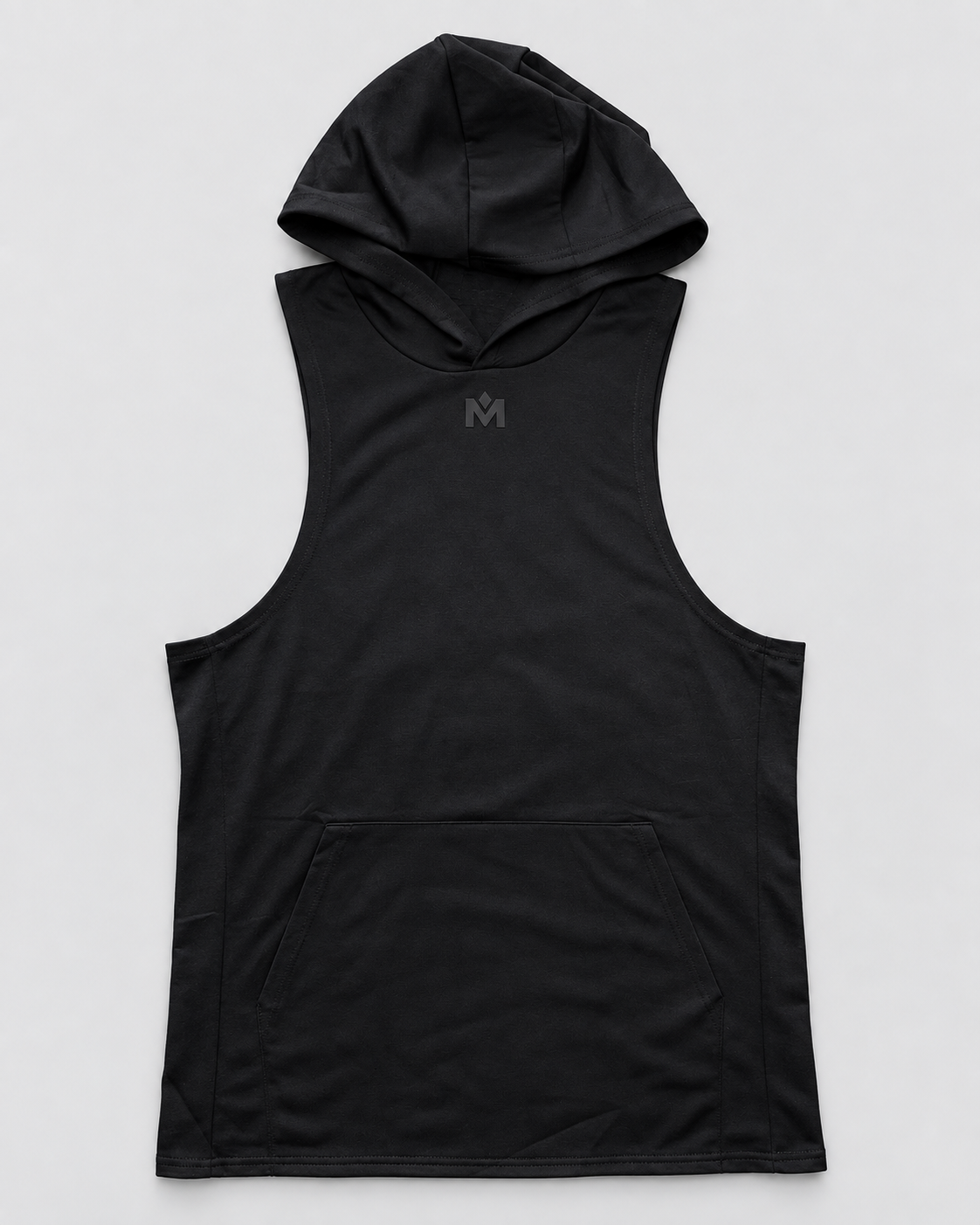 Quiet Hood™ sleeveless black performance hoodie, front view with tonal Mogul M logo and kangaroo pocket